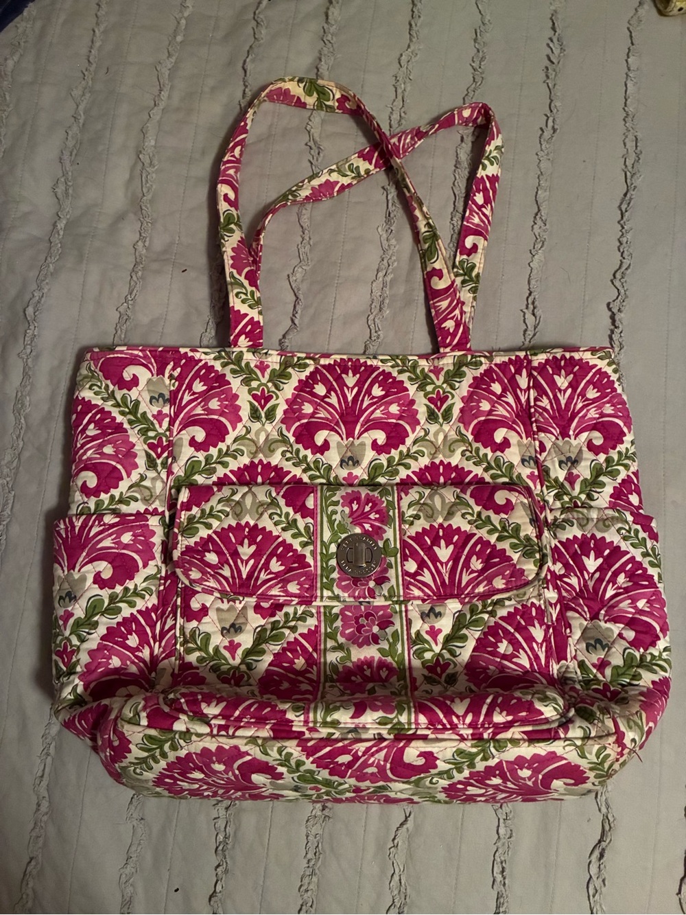 Vera Bradley Pink Floral Quilted Tote with Green Accents